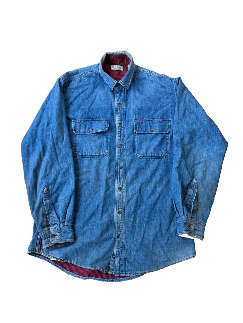 Vintage L.L.BEAN Men's Light Blue Denim Shirt Red Plaid Flannel Lined Size Small